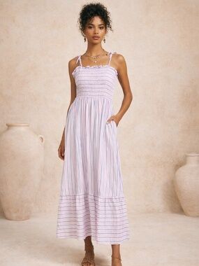 Emory Park Summer Maxi Dress Striped Smocked Cotton Size Medium Boho Vacation